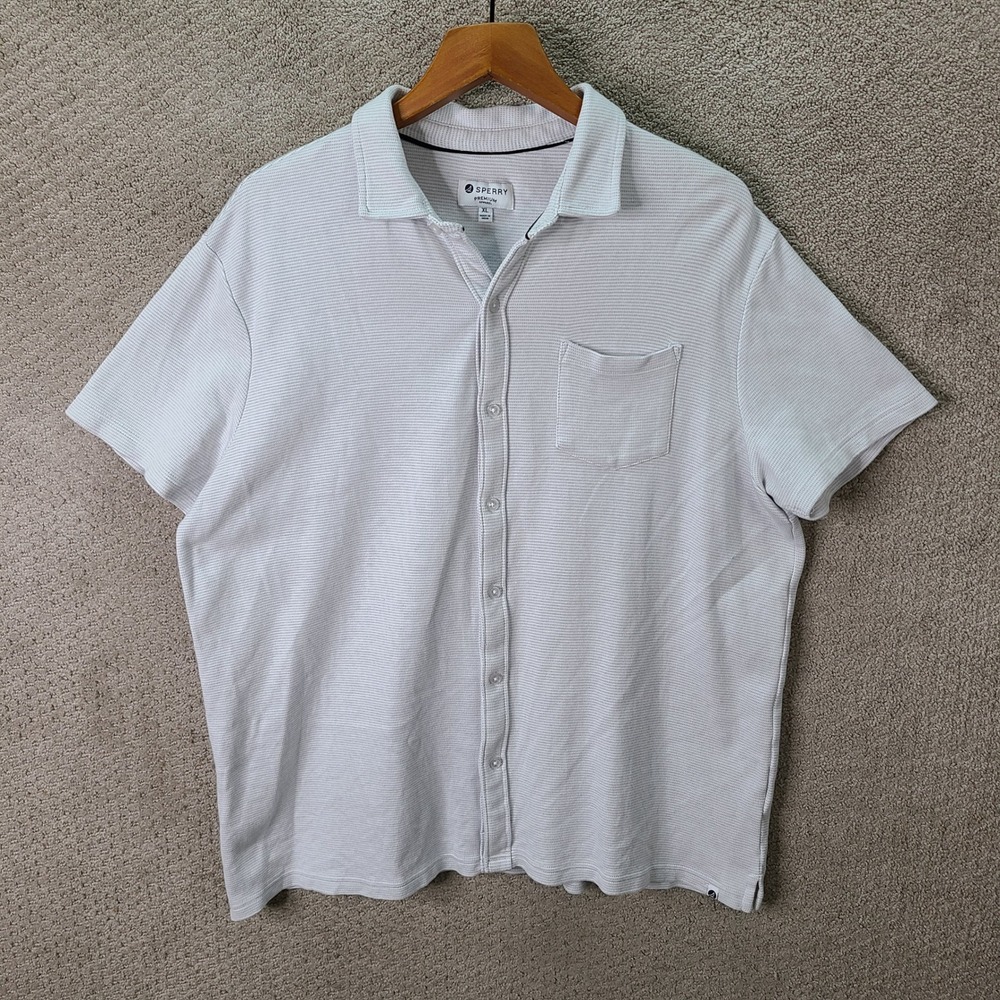 Sperry Shirt Mens XL White Striped Knit Button Down Short Sleeve Cotton Casual